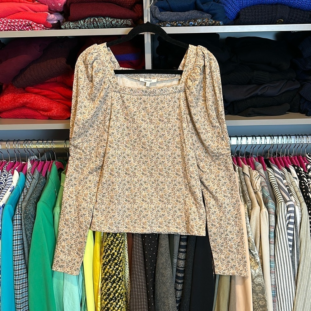 Splendid tan/brown/blue flower print long sleeve square neck blouse size S NWT